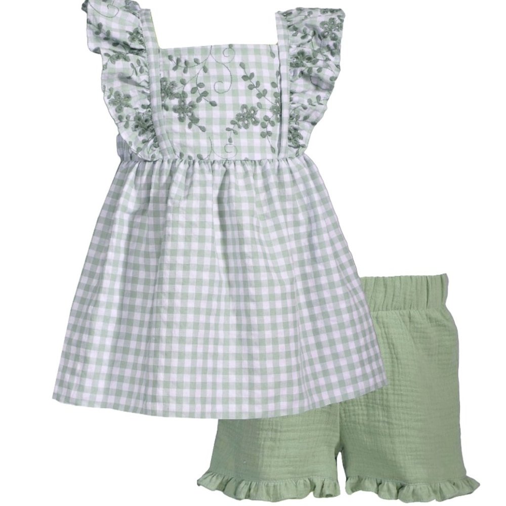 Bonnie Jean Girls Size 4-16 Embroidered Check Top Gauze Short Set